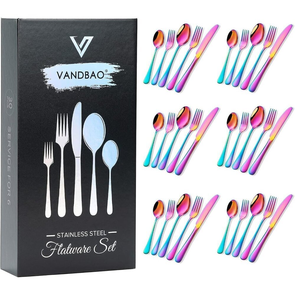 🆕Rainbow Silverware Stainless Steel Colorful Utensils Knife Fork Spoon Polished